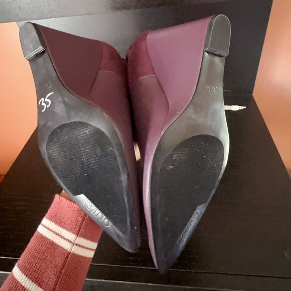 GUESS Burgundy Purple Mixed Media Buckled Strap Acora Point Toe Wedge dress Boot - Picture 9 of 13